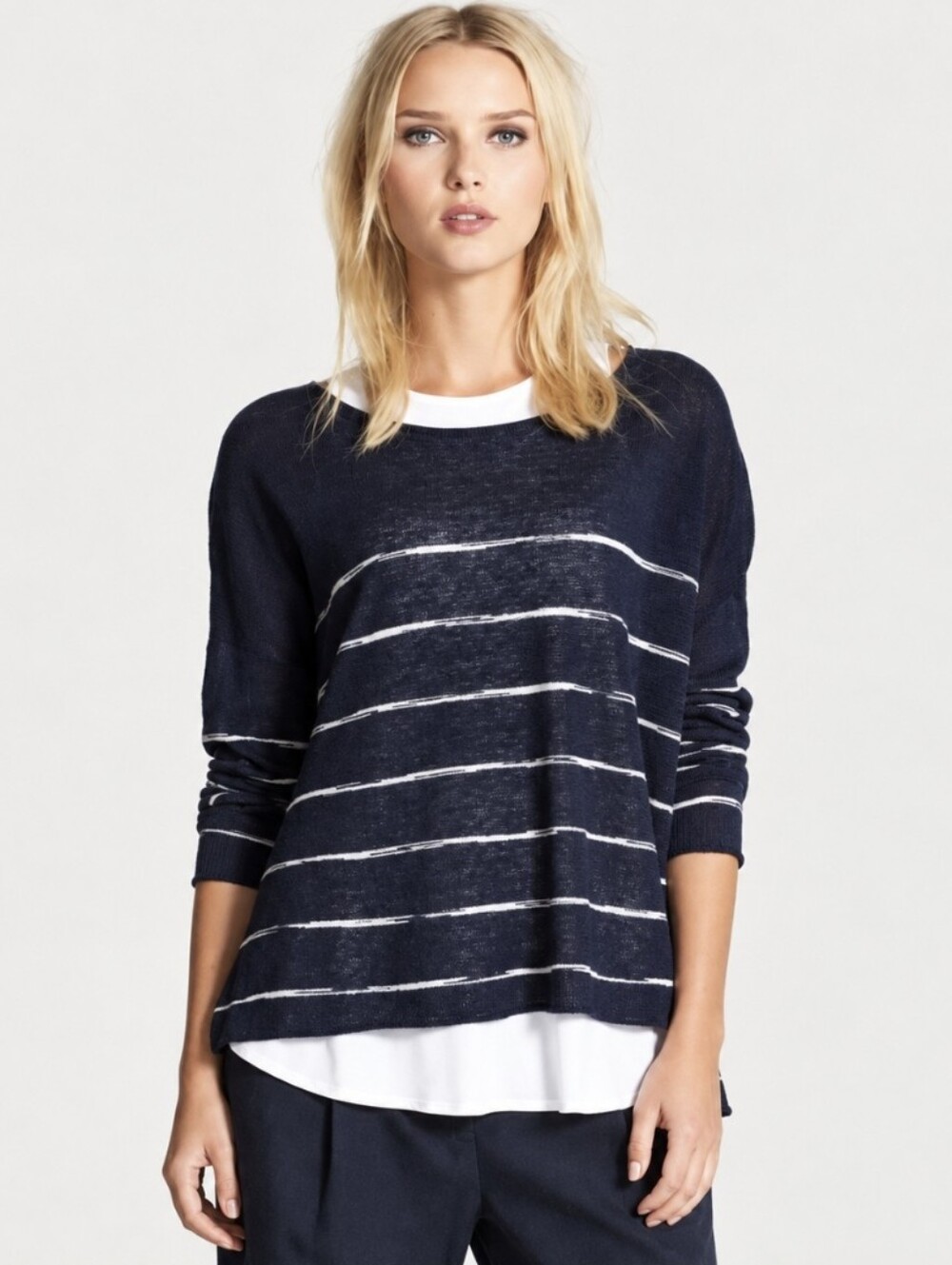 Eileen Fisher 100% Organic Linen Navy Striped Sweater Oversized Nautical Size S